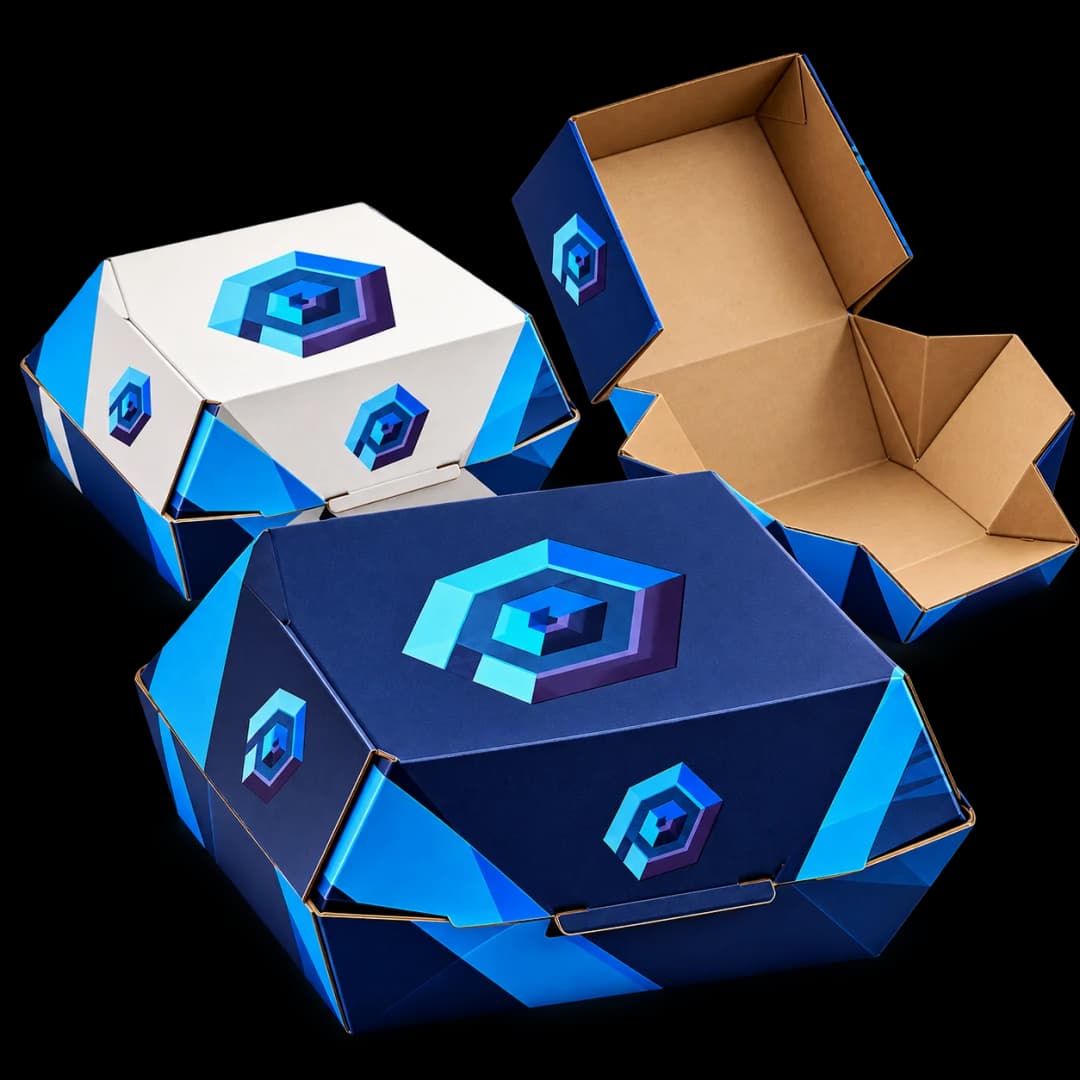 Premium takeaway boxes with ProPack Plus branding in navy and white, one open to show the inside